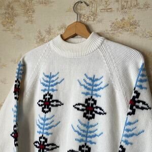 80s Acrylic Flower White Mockneck Nordic Knit Sweater Size L